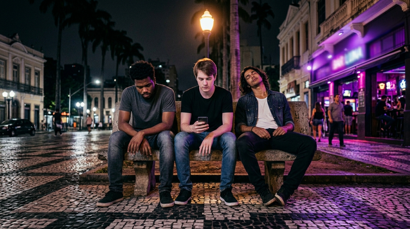 Jovens brasileiros exaustos sentados em praça urbana à noite