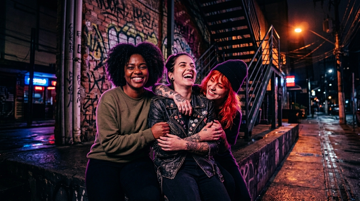 Grupo diverso de jovens mulheres LGBTQIA+ rindo juntas em cenário urbano noturno