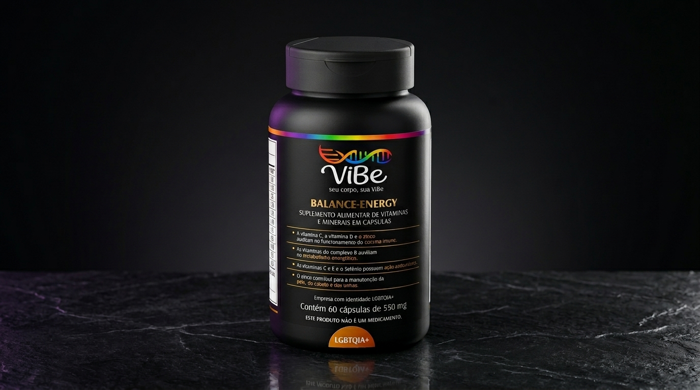 Frasco ViBe Balance-Energy com capsulas douradas