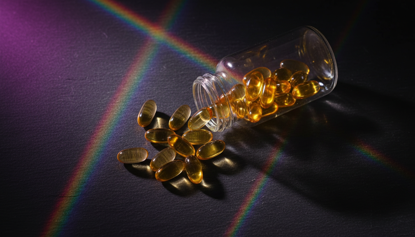 Cápsulas ViBe espalhadas com reflexos pride