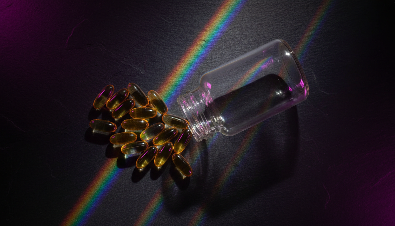 Cápsulas ViBe Balance-Energy espalhadas sobre superfície escura com reflexos pride